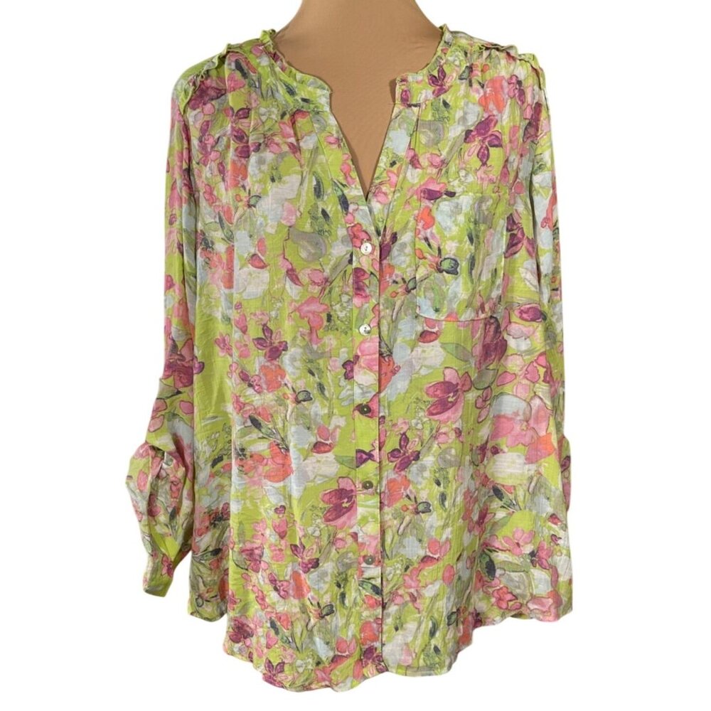 Zac & Rachel Blouse Top Button Front Green Floral Size 1X New
